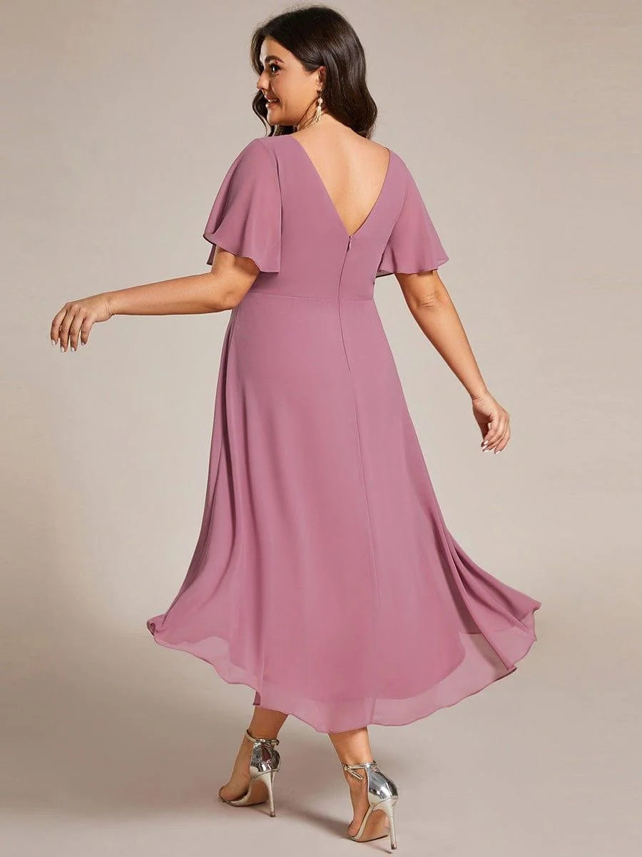Chiffon Dress V-Neck Short Sleeve Hi-Lo Hem