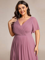 Chiffon Dress V-Neck Short Sleeve Hi-Lo Hem