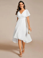 Chiffon Dress V-Neck Short Sleeve Hi-Lo Hem