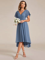 Chiffon Dress V-Neck Short Sleeve Hi-Lo Hem
