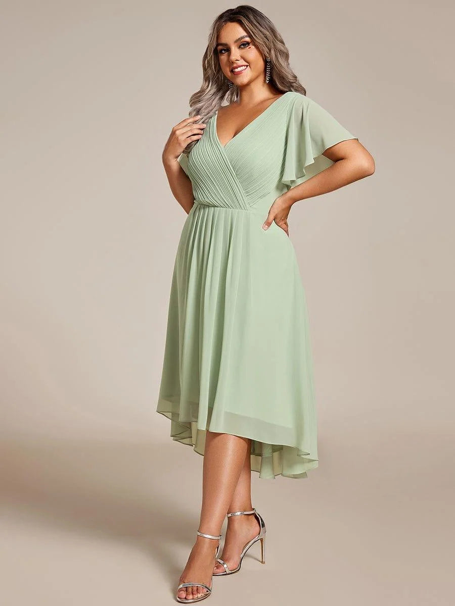 Chiffon Dress V-Neck Short Sleeve Hi-Lo Hem