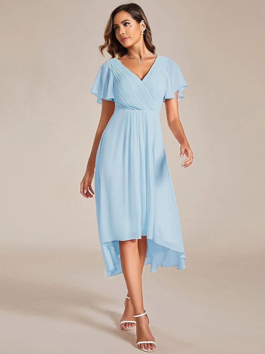 Chiffon Dress V-Neck Short Sleeve Hi-Lo Hem