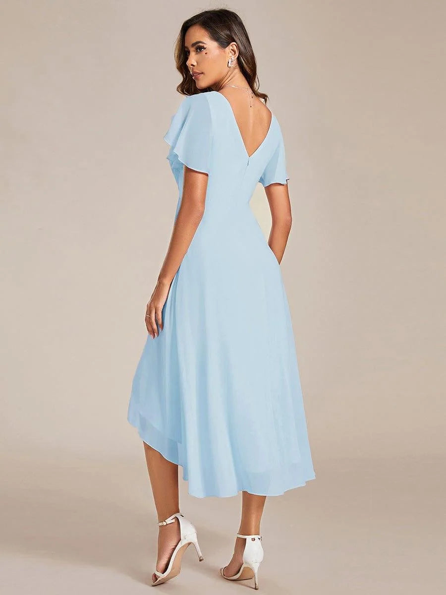 Chiffon Dress V-Neck Short Sleeve Hi-Lo Hem