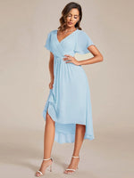 Chiffon Dress V-Neck Short Sleeve Hi-Lo Hem