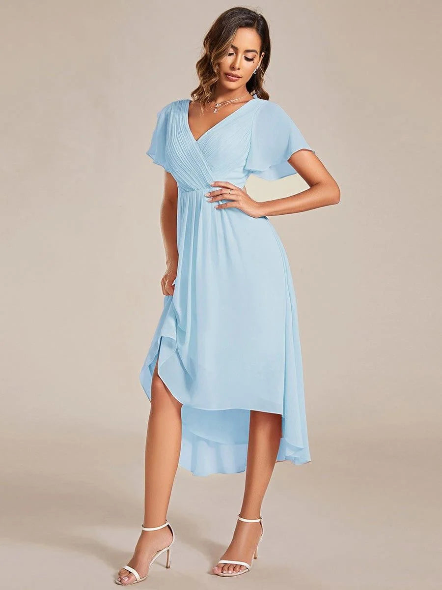 Chiffon Dress V-Neck Short Sleeve Hi-Lo Hem