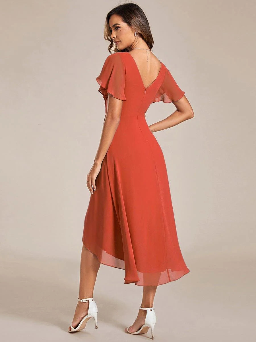 Chiffon Dress V-Neck Short Sleeve Hi-Lo Hem