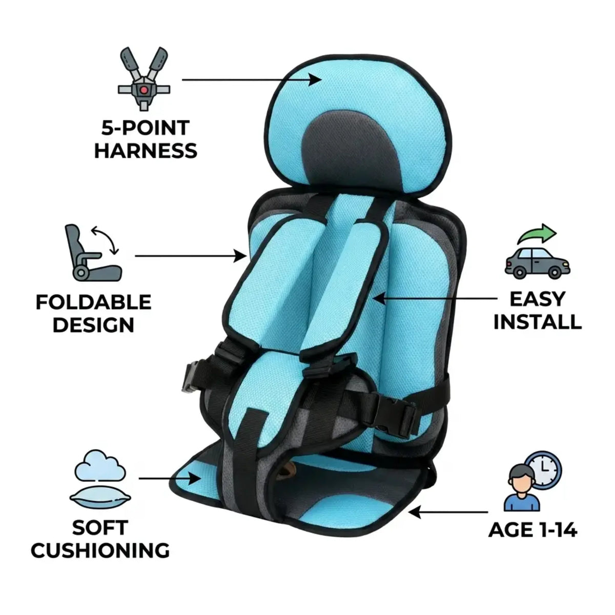 Child Car Booster Seat Foldable Portable 5-Point Harness