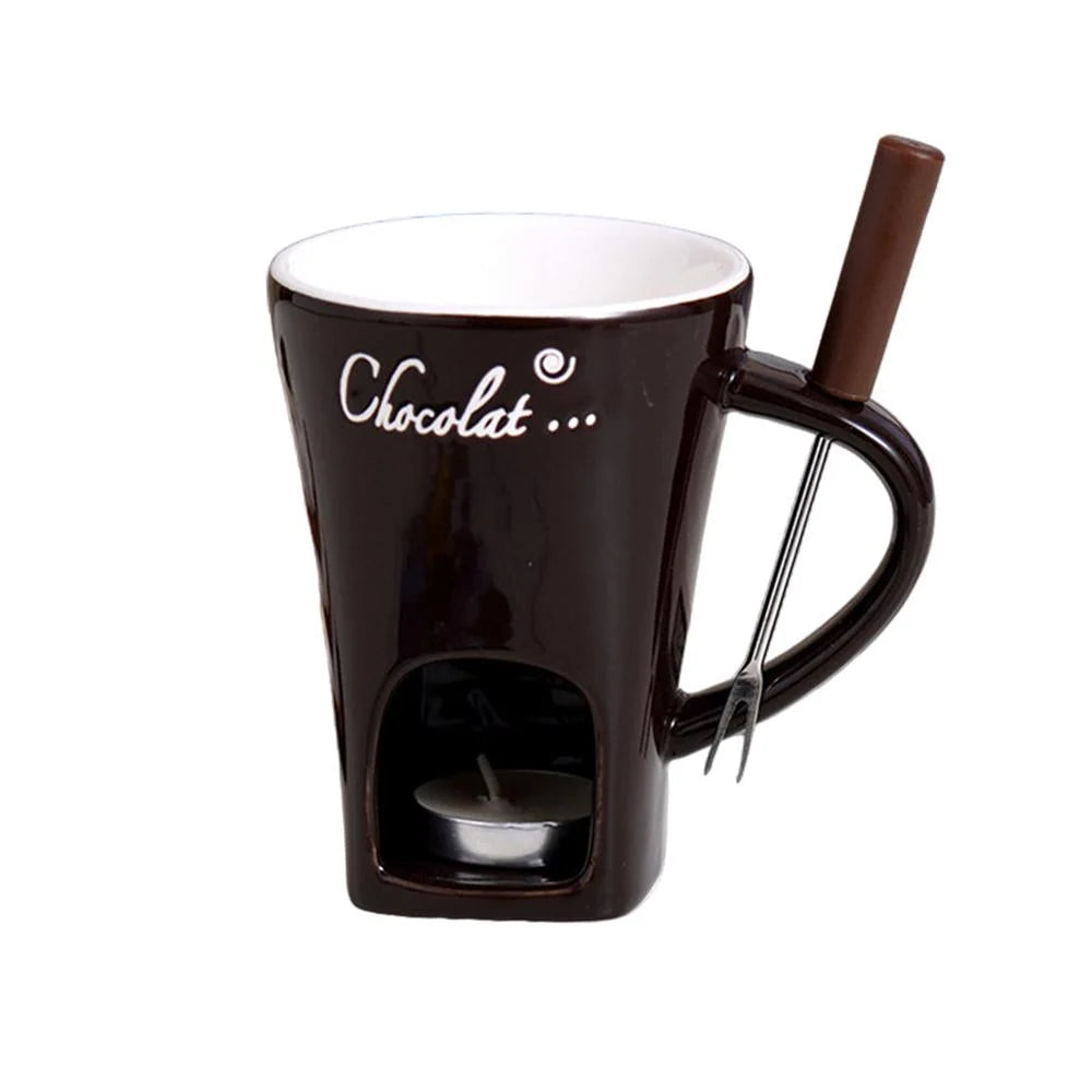 Chocolate Fondue Mug Ceramic Candle-Heated Base Stainless Steel Fork