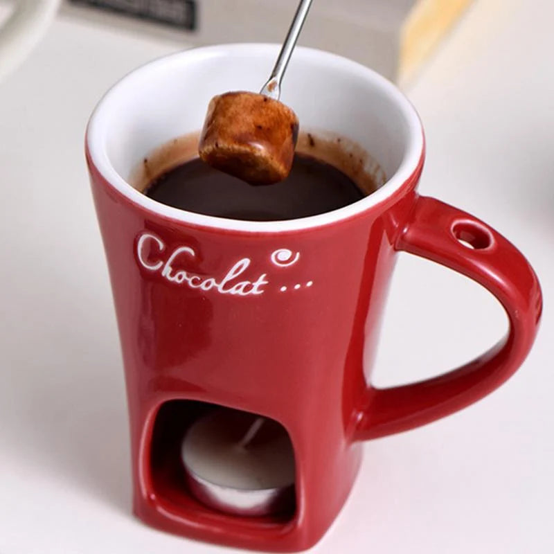 Chocolate Fondue Mug Ceramic Candle-Heated Base Stainless Steel Fork