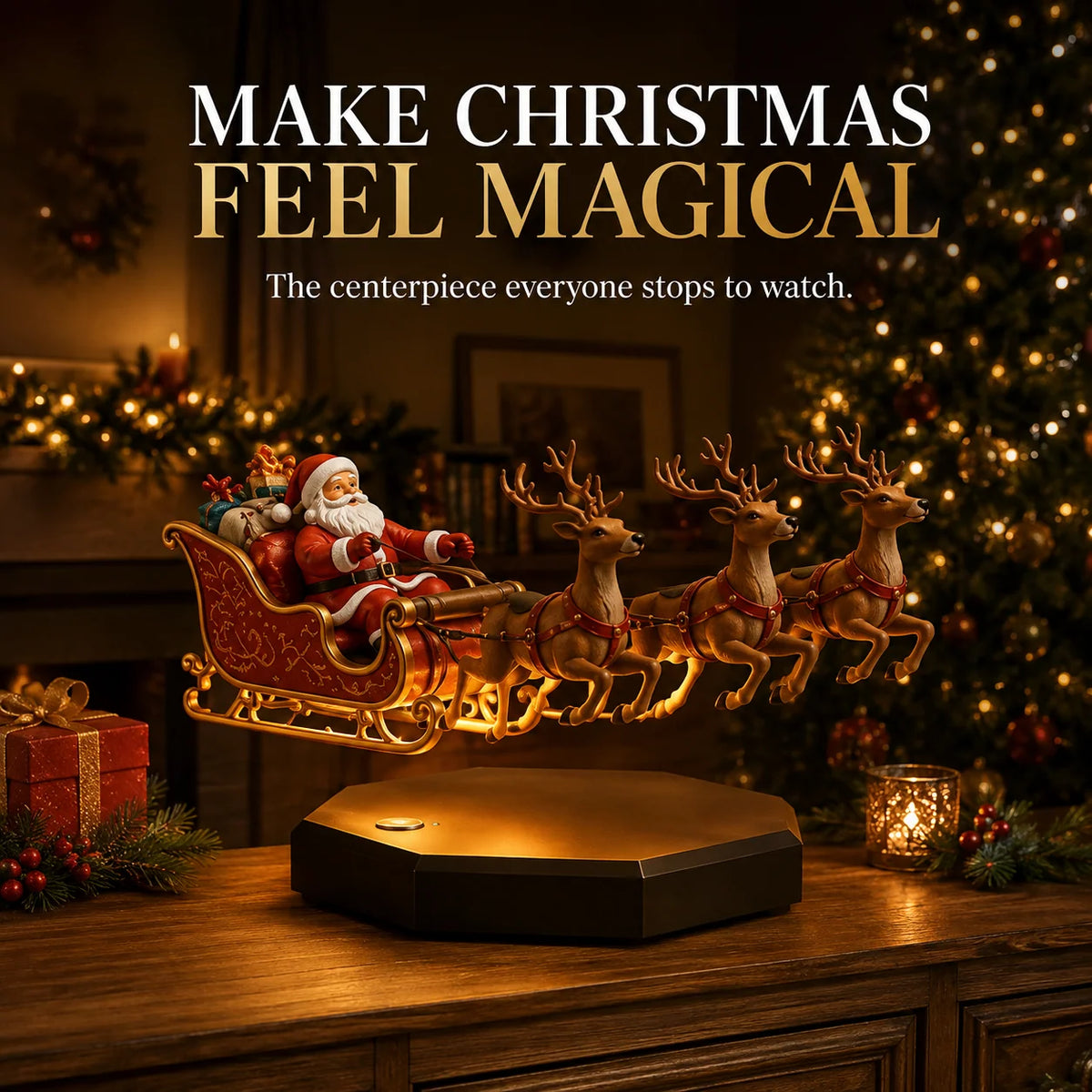 Christmas Decoration Magnetic Levitation Four-Reindeer Sleigh Illuminated Base