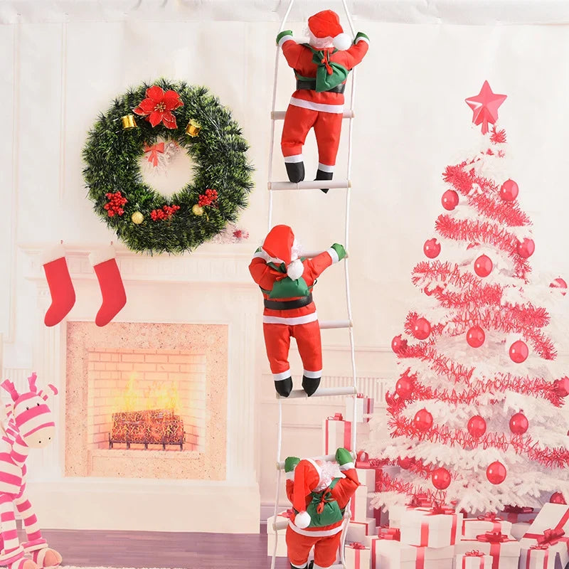Christmas Figurine Set Embroidered Santas On Ladder 16 Inch