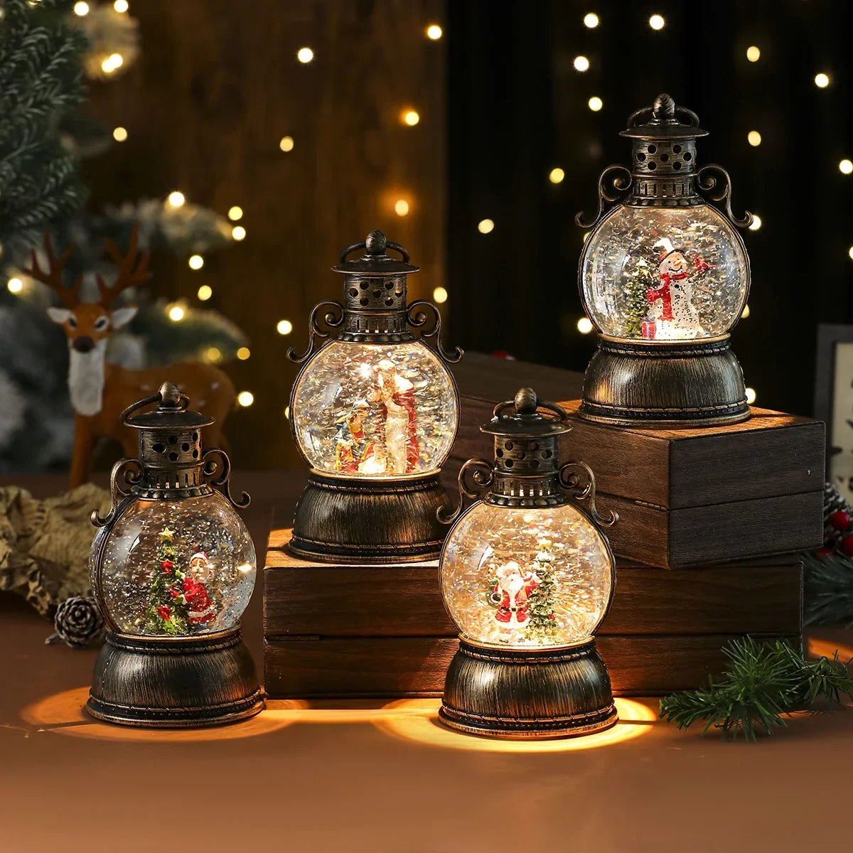Christmas Lantern Glass Dome Winter Scene Battery-Powered LED