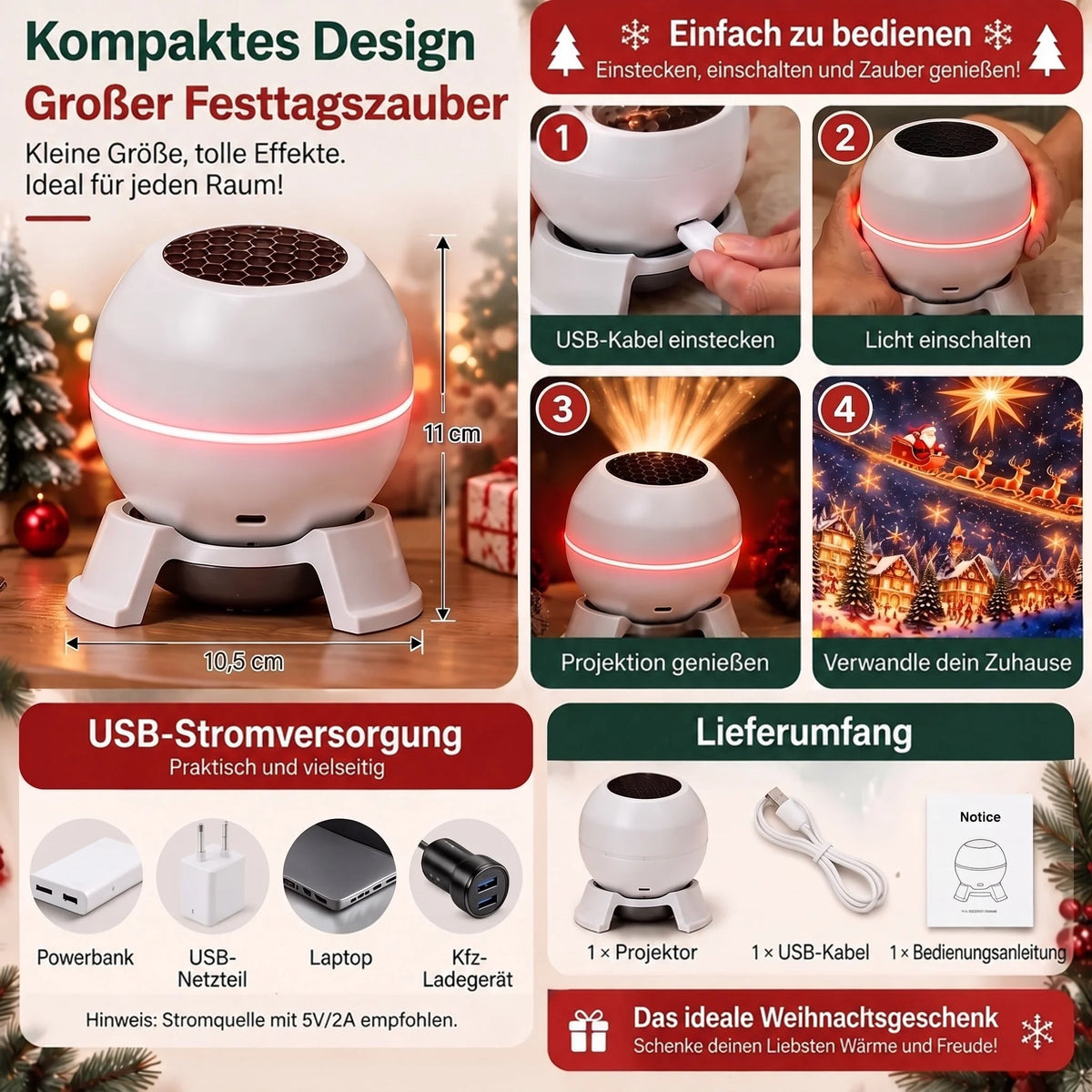 Christmas Light Projector Animated Patterns USB-Powered