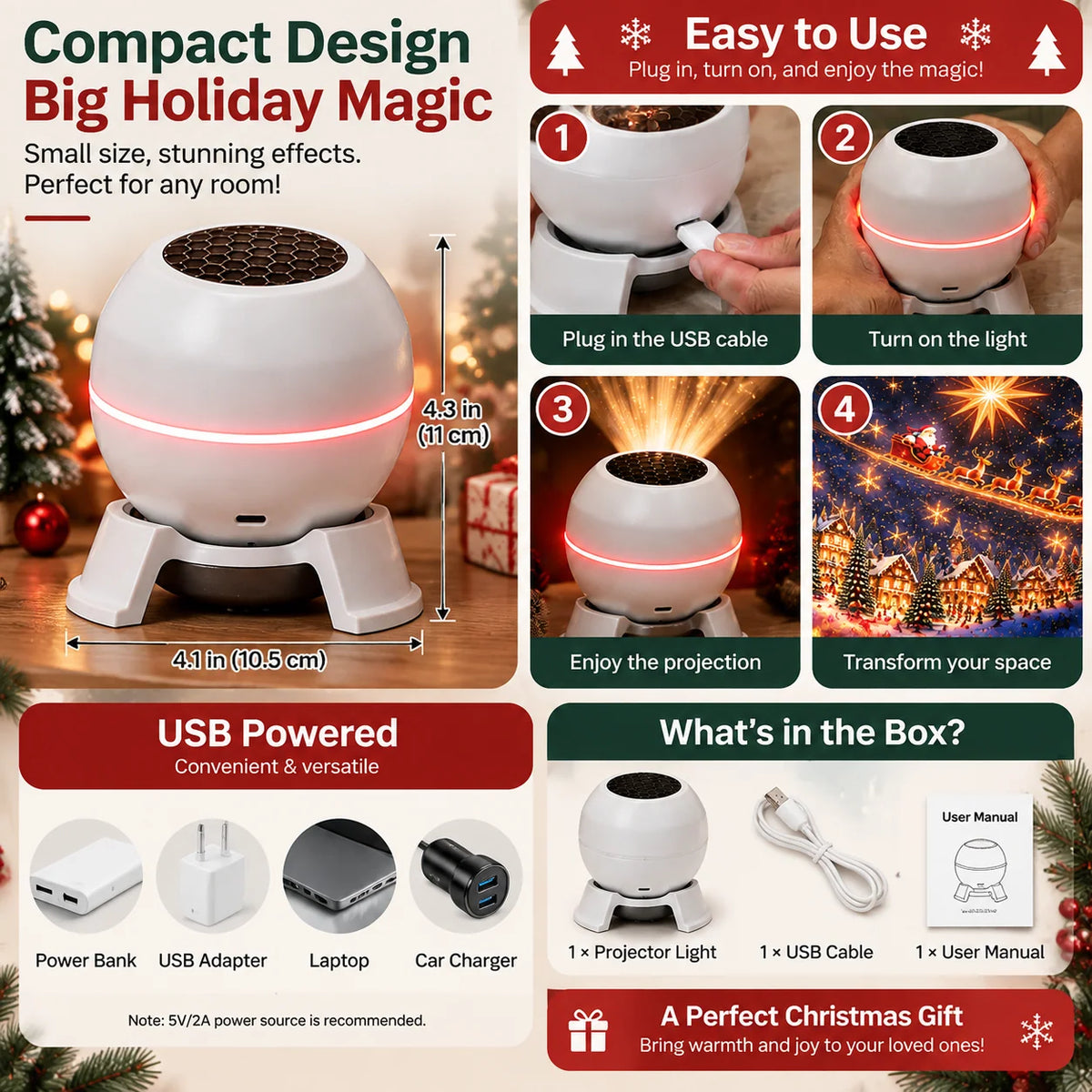 Christmas Light Projector Moving USB-Powered Compact