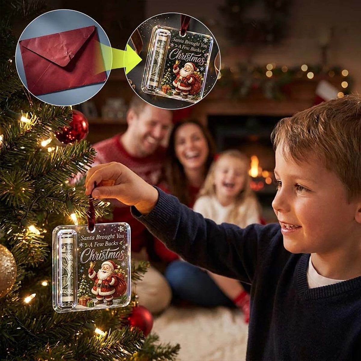 Christmas Ornament Money Holder Clear Acrylic With Ribbon