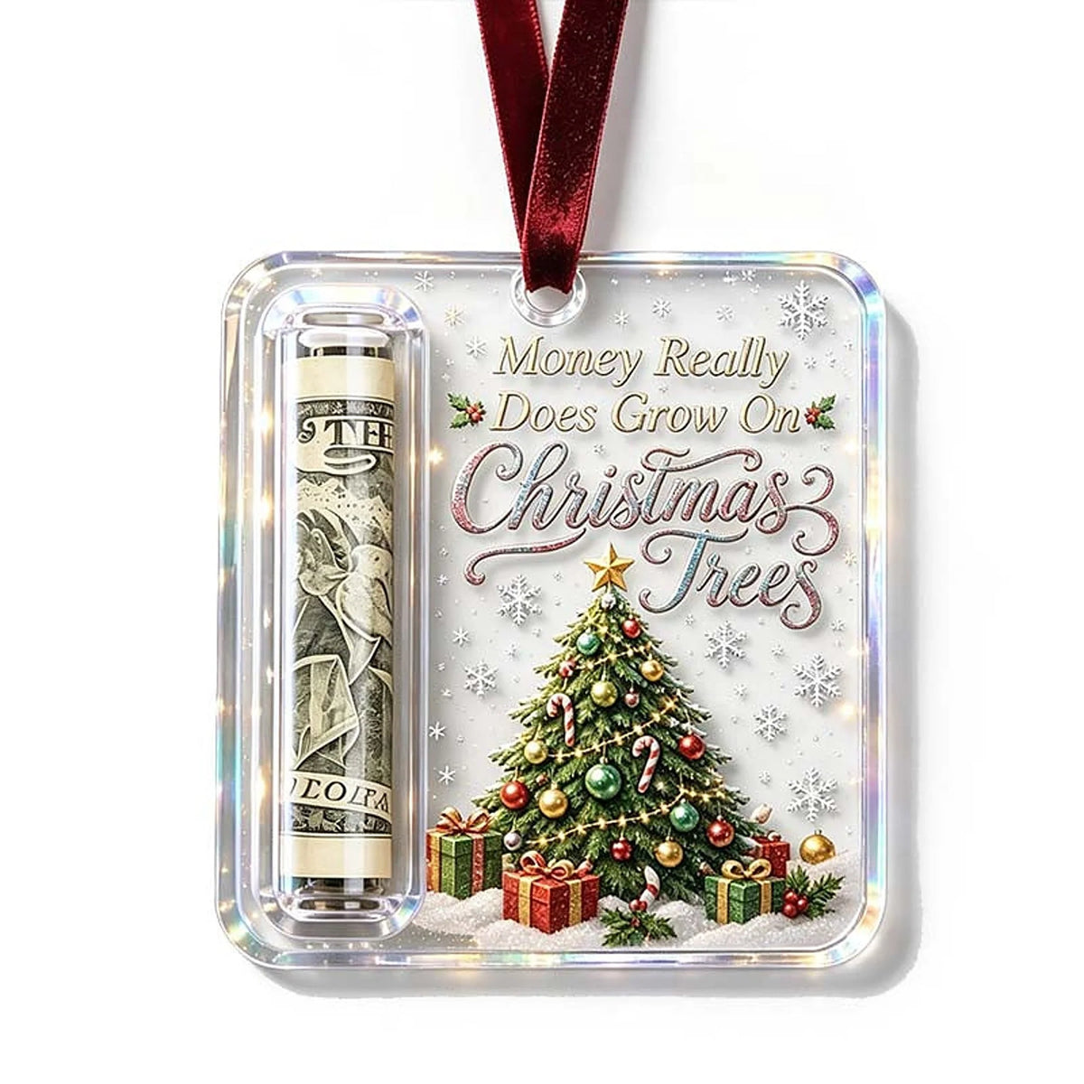 Christmas Ornament Money Holder Clear Acrylic With Ribbon