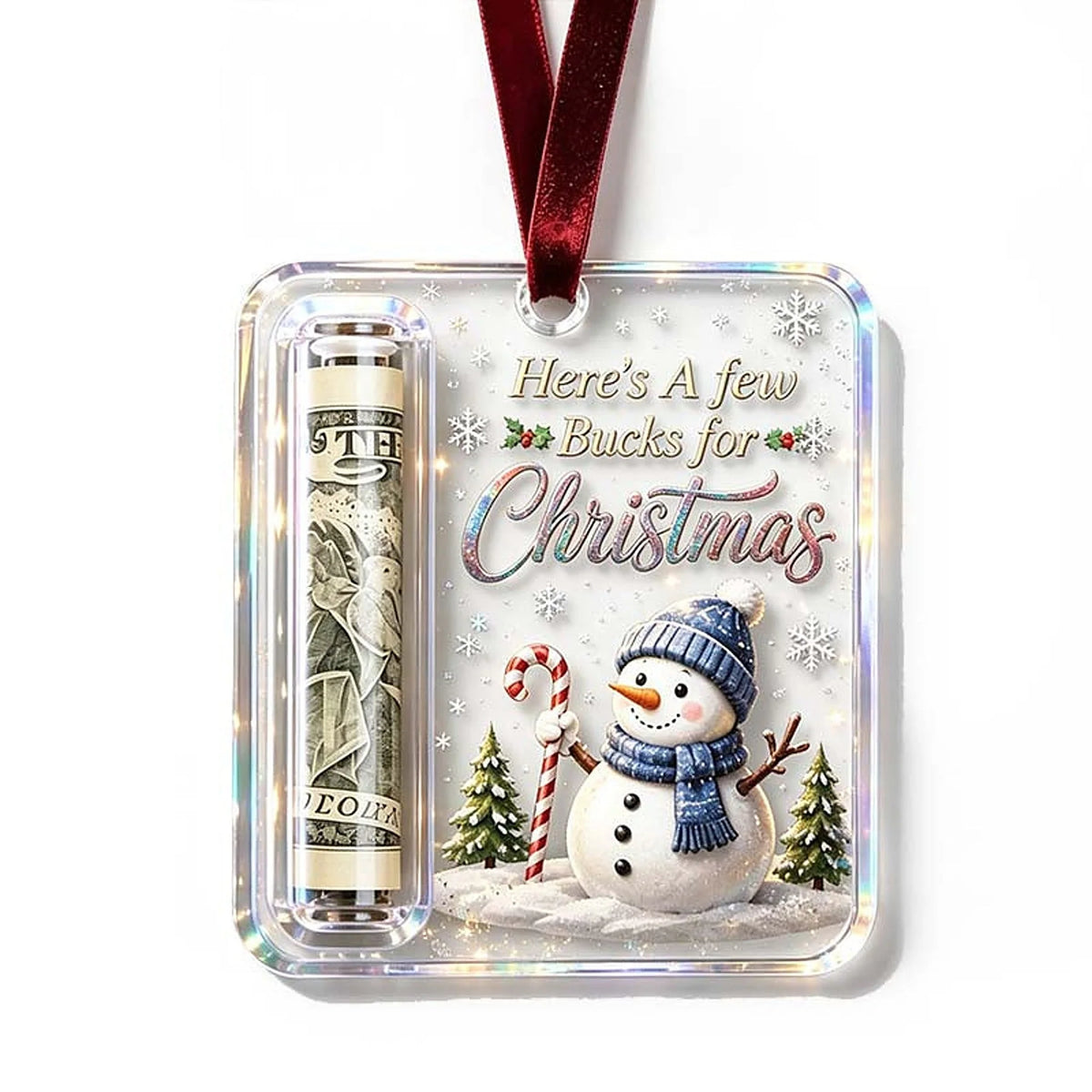 Christmas Ornament Money Holder Clear Acrylic With Ribbon