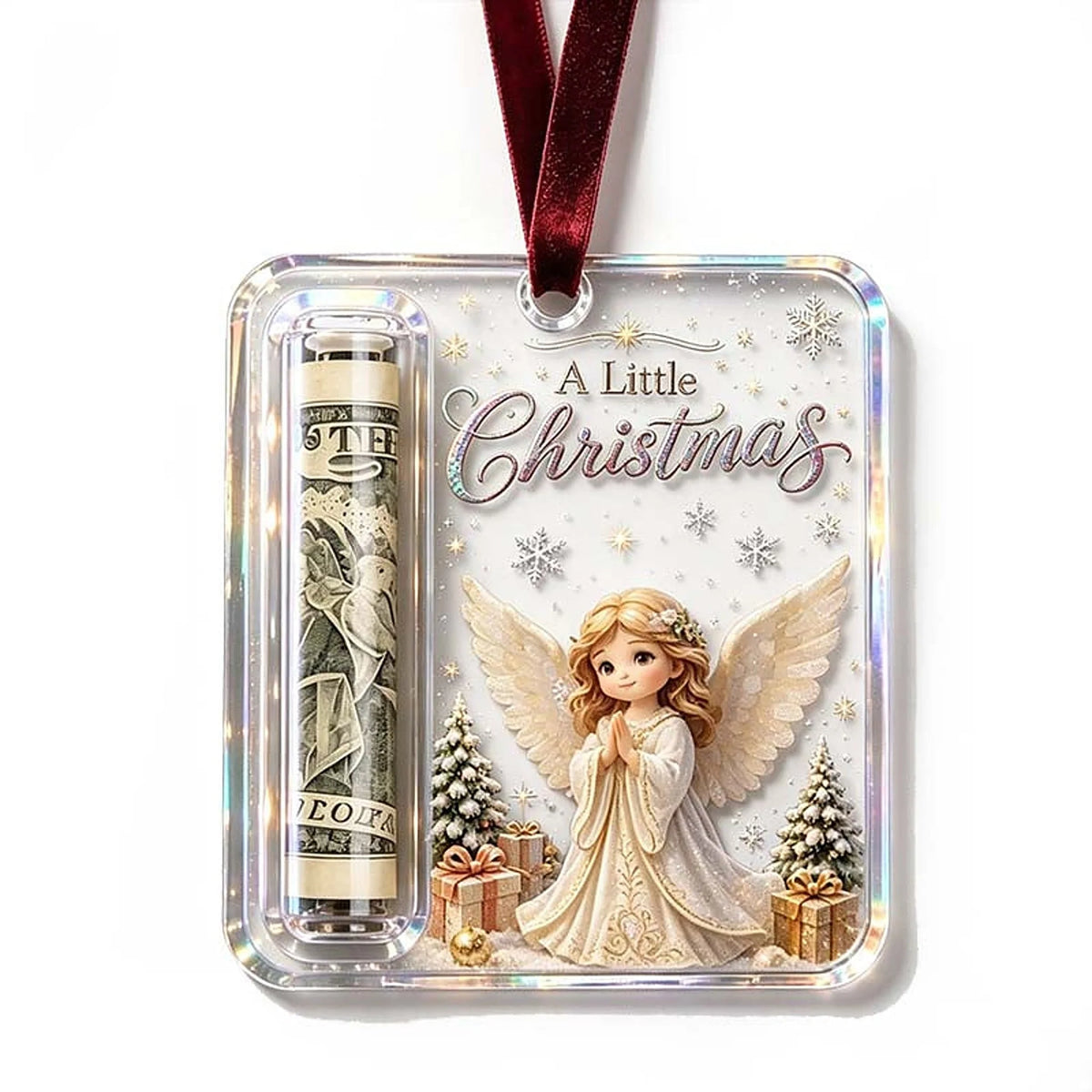 Christmas Ornament Money Holder Clear Acrylic With Ribbon