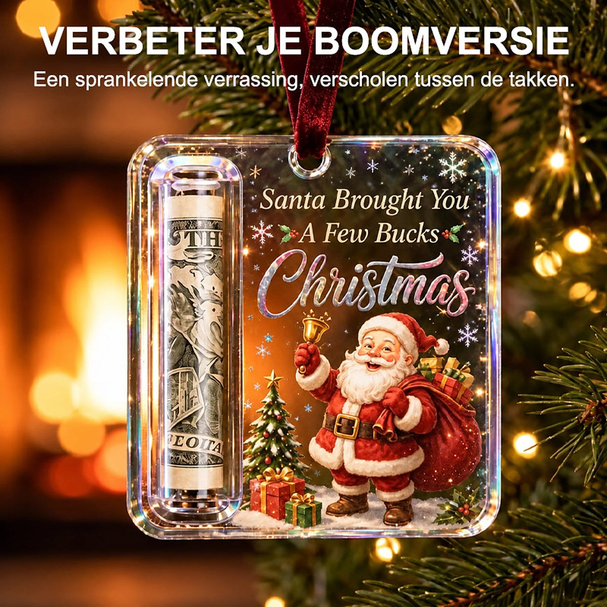 Christmas Ornament Money Holder Clear Acrylic With Ribbon