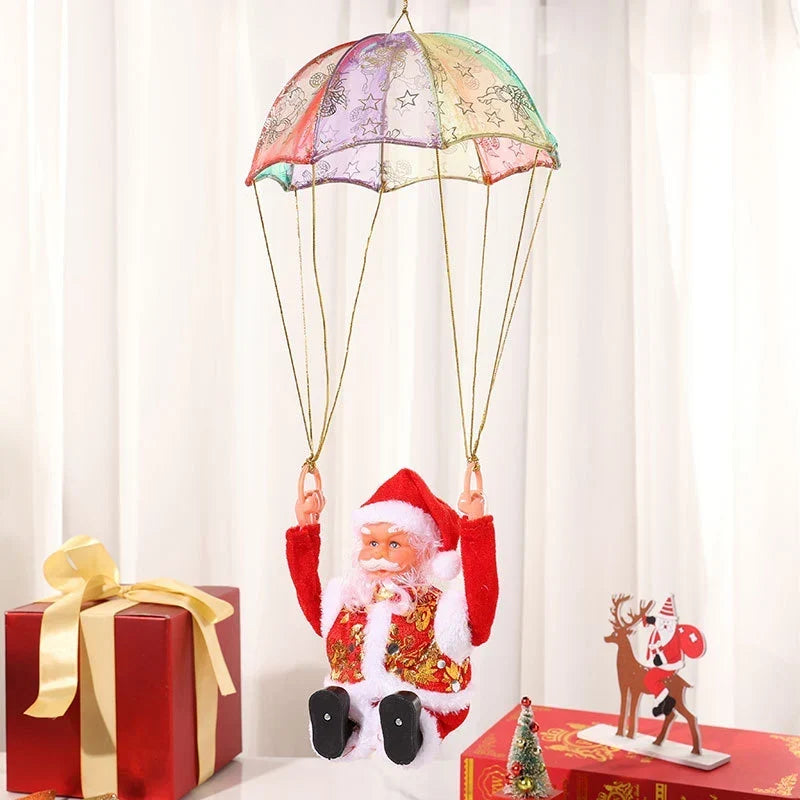 Christmas Ornament Parachuting Santa Musical Easy To Hang