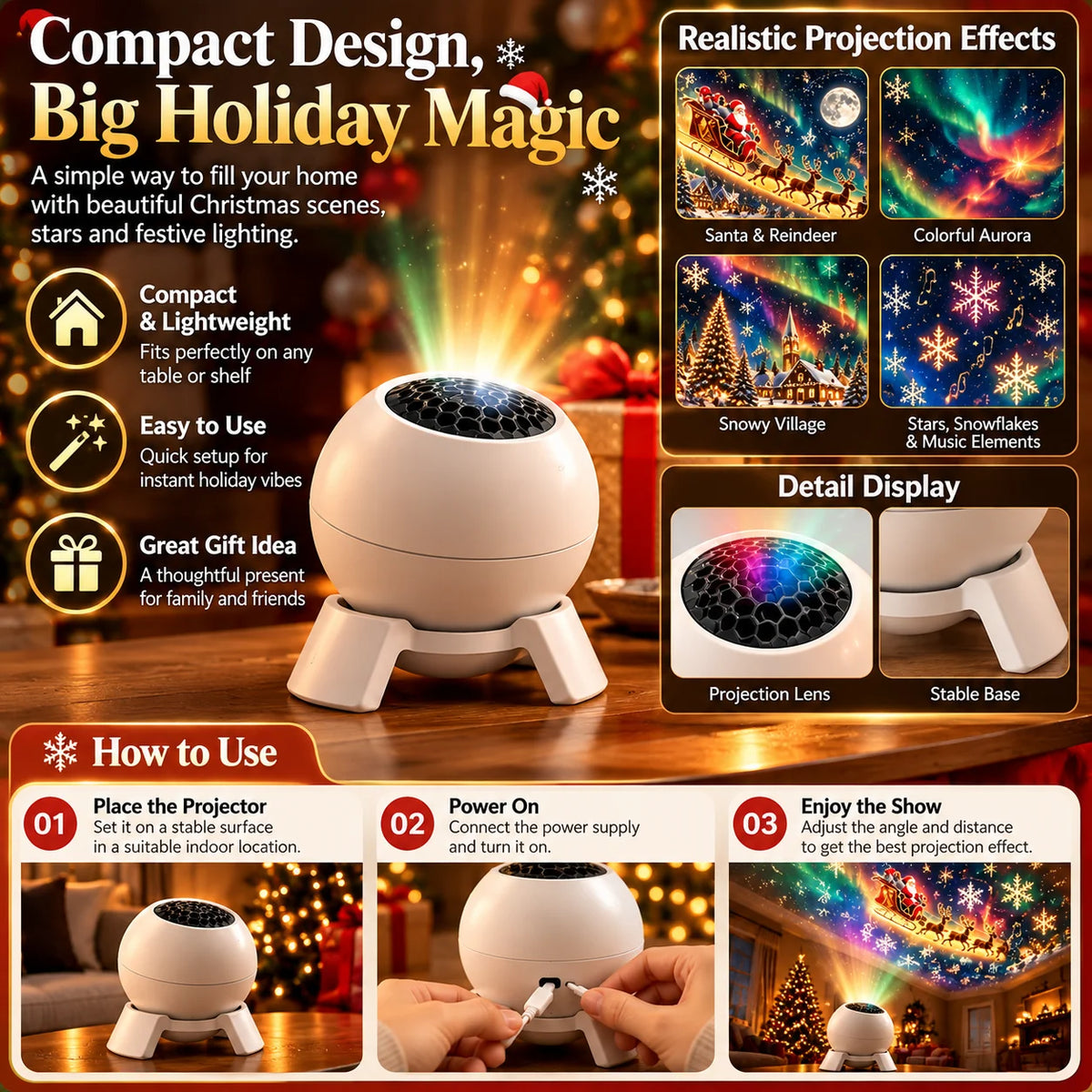 Christmas Projector Light Compact Tabletop Indoor