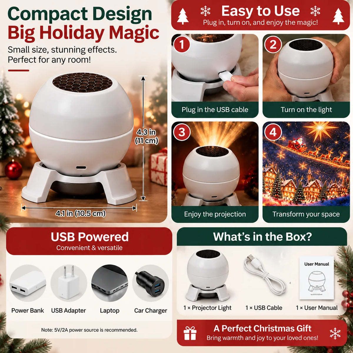 Christmas Projector Night Light USB-Powered Wall & Ceiling Projection