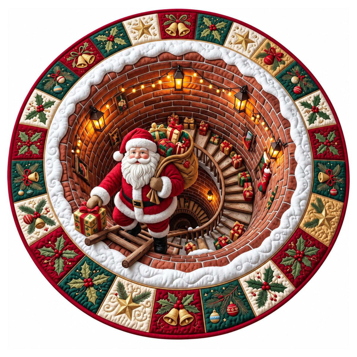 Christmas Rug Round Santa Print Easy-Clean