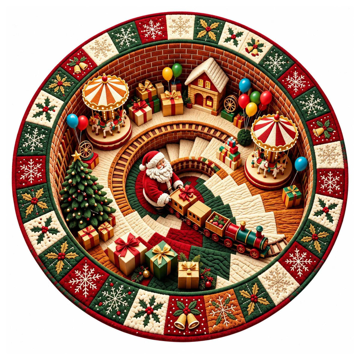 Christmas Rug Round Santa Print Easy-Clean