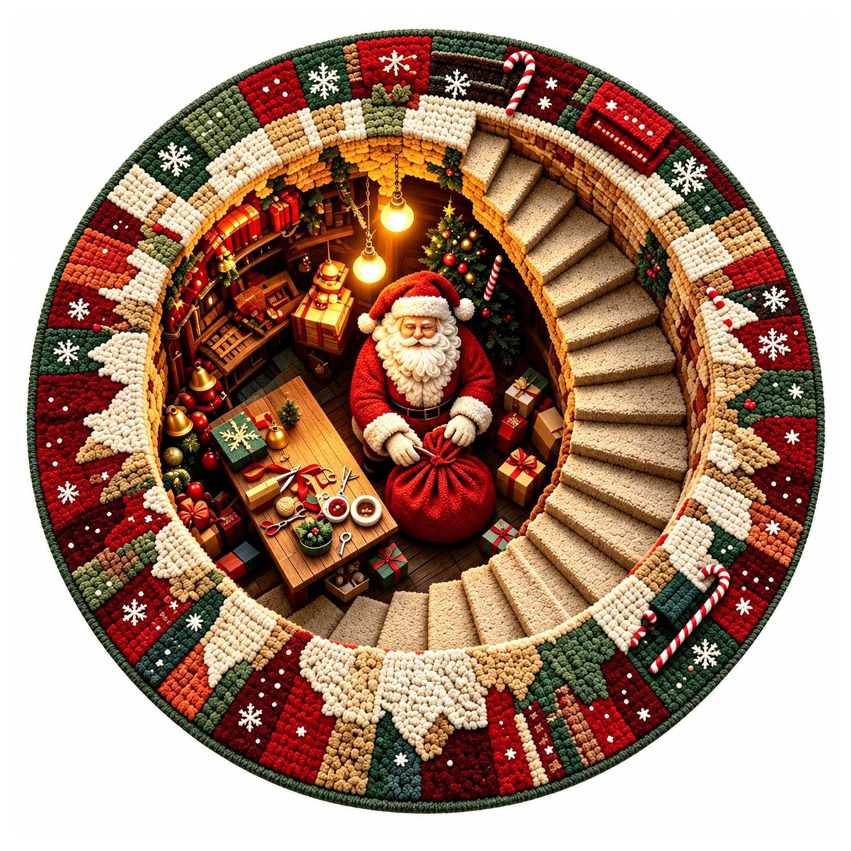 Christmas Rug Round Santa Print Easy-Clean
