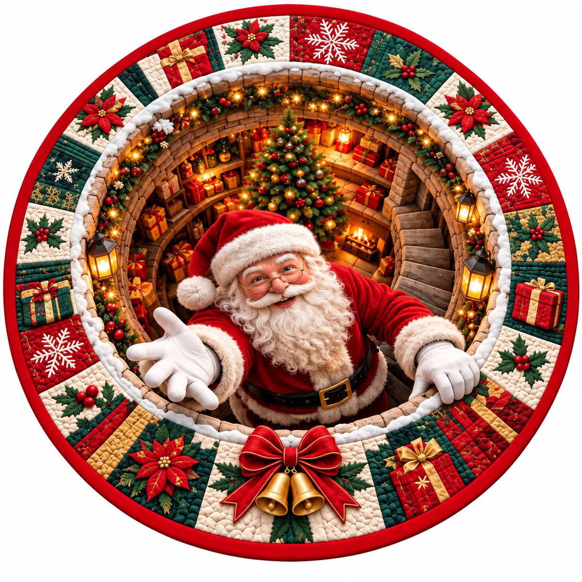 Christmas Rug Round Santa Print Easy-Clean