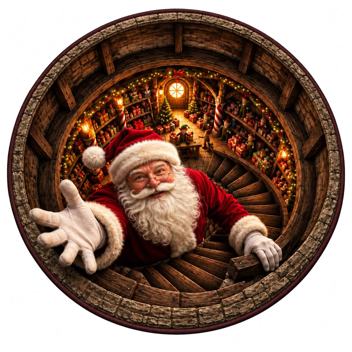 Christmas Rug Round Santa Print Easy-Clean