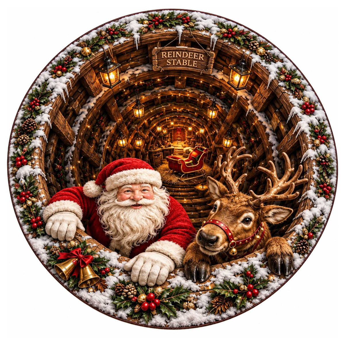 Christmas Rug Round Santa Print Easy-Clean