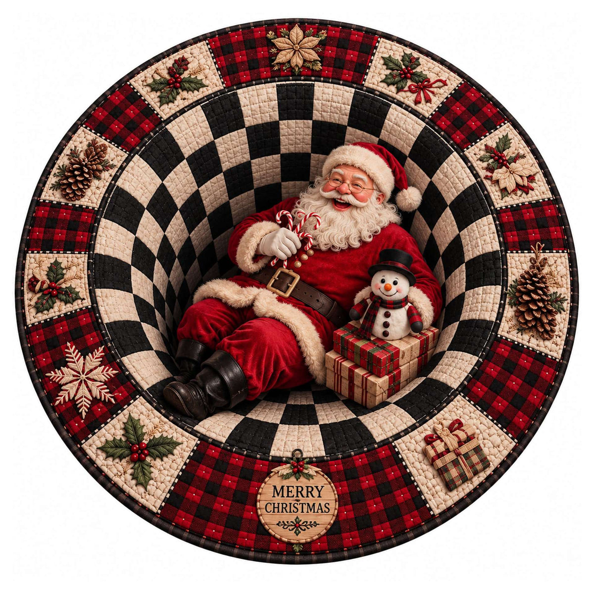 Christmas Rug Round Santa Print Easy-Clean