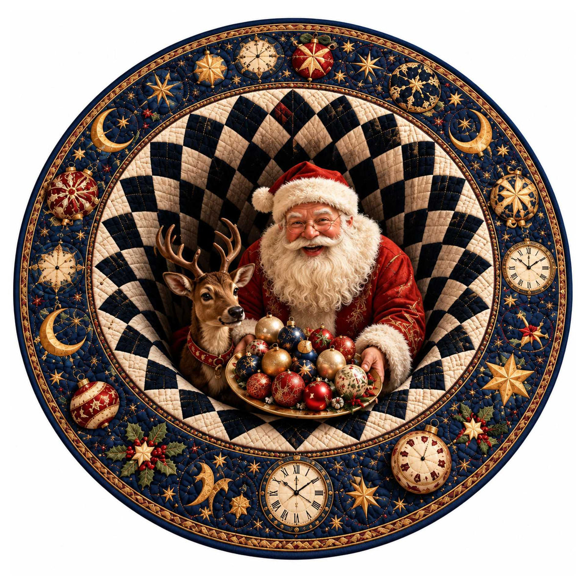 Christmas Rug Round Santa Print Easy-Clean