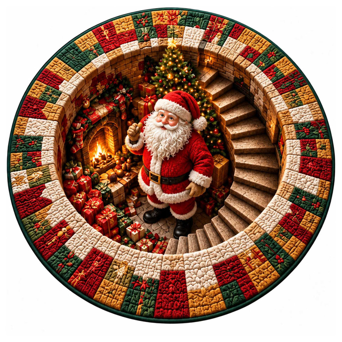 Christmas Rug Round Santa Print Easy-Clean