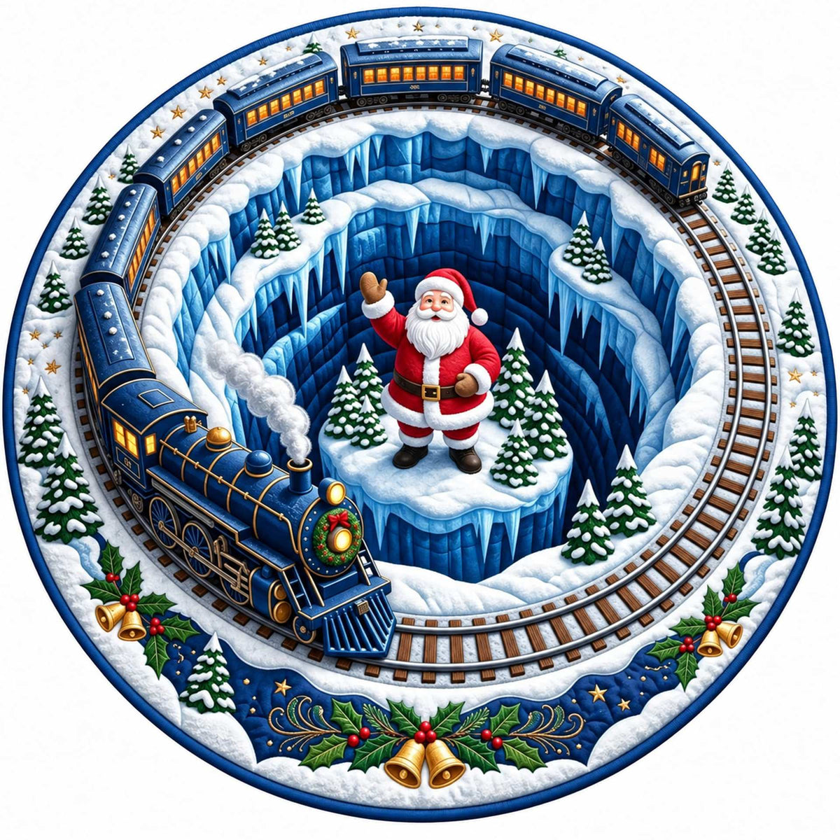Christmas Rug Round Santa Print Easy-Clean