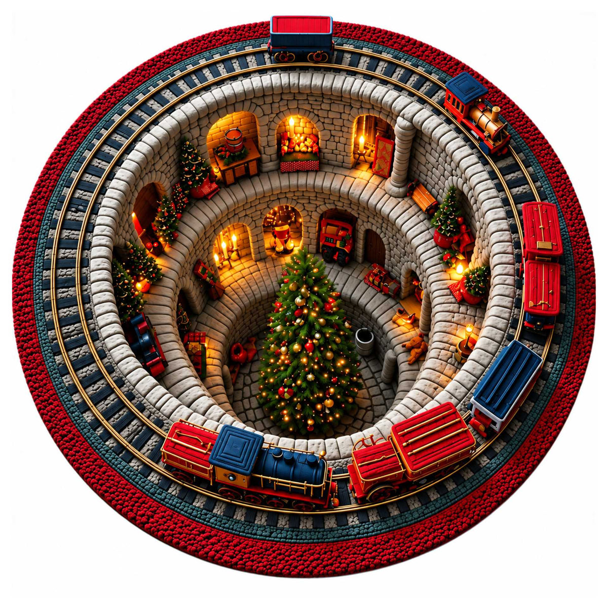 Christmas Rug Round Santa Print Easy-Clean
