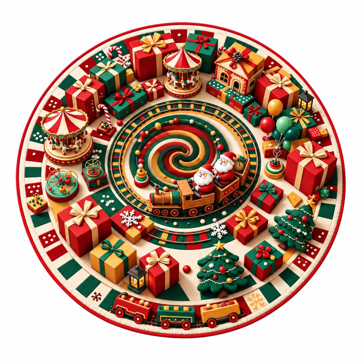Christmas Rug Round Santa Print Easy-Clean