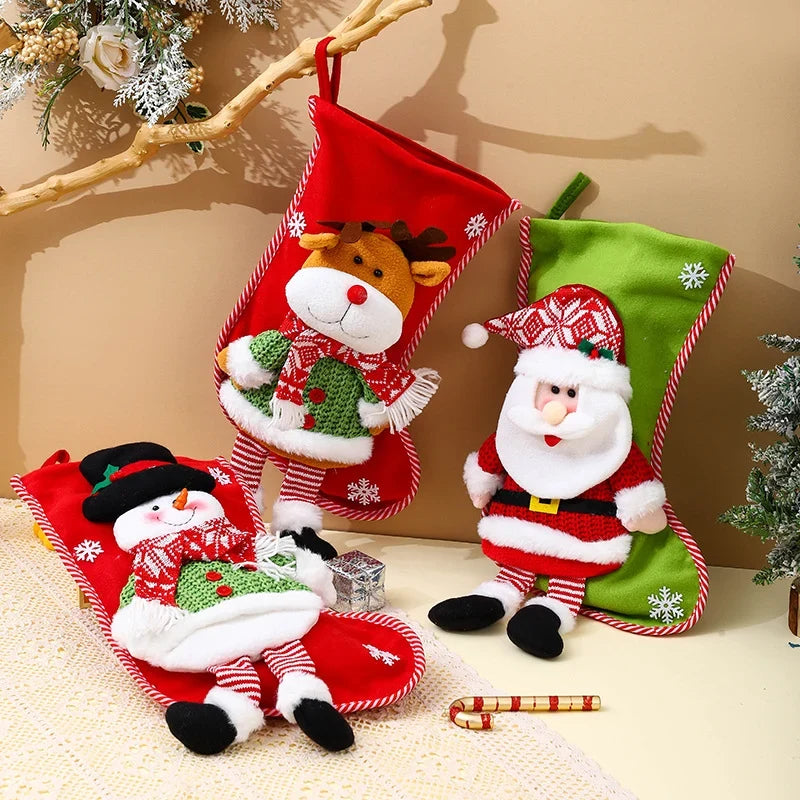 Christmas Stocking Plush Reindeer Design Spacious Gift Pocket