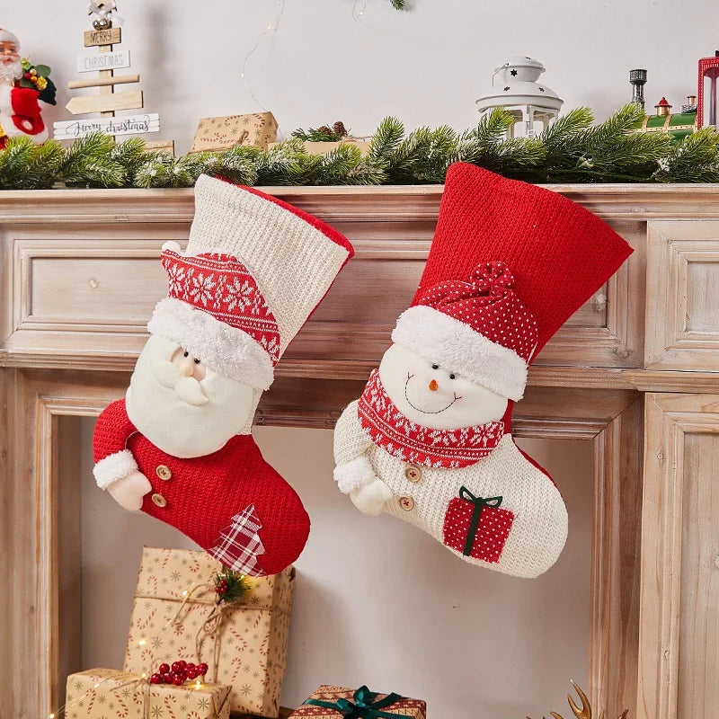 Christmas Stocking Santa Motif Plush Fabric Easy To Hang