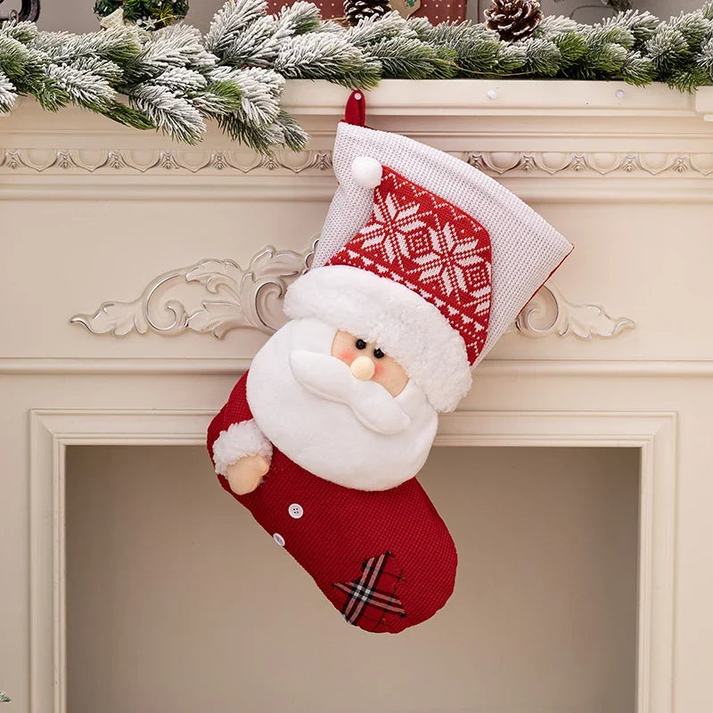 Christmas Stocking Santa Motif Plush Fabric Easy To Hang