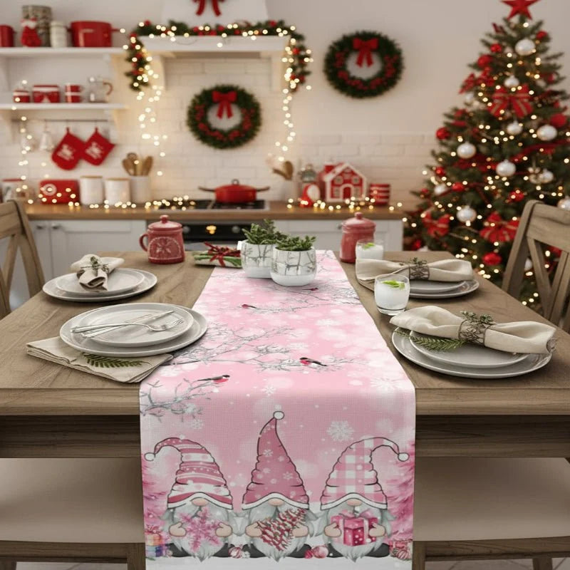 Christmas Table Runner 100% Linen Snowflake And Elf Design