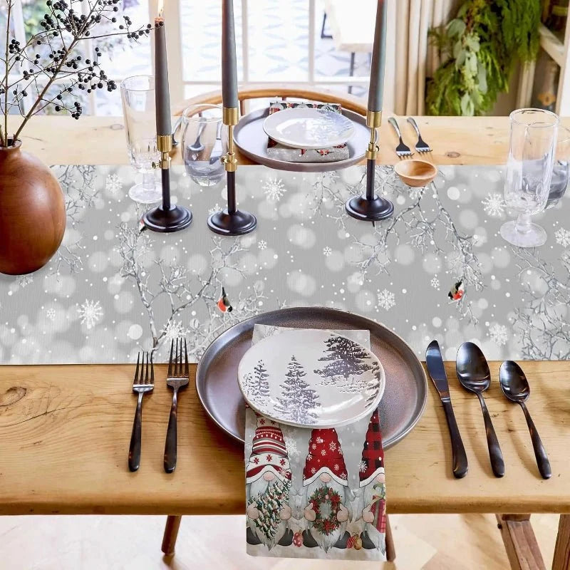 Christmas Table Runner 100% Linen Snowflake And Elf Design