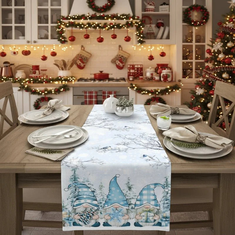 Christmas Table Runner 100% Linen Snowflake And Elf Design