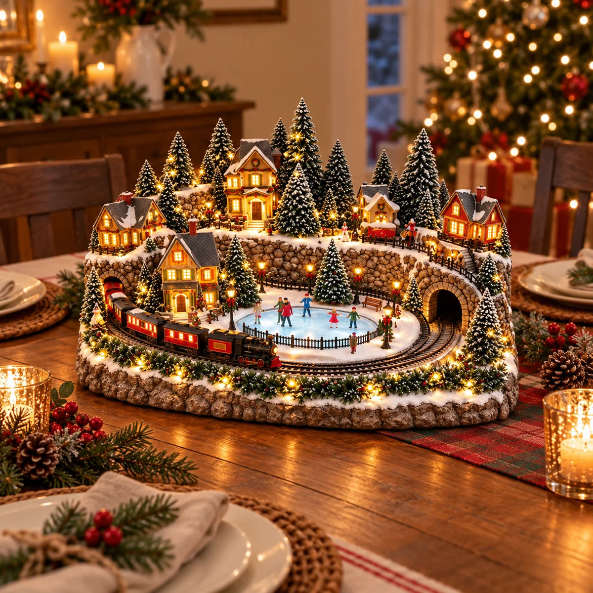 Christmas Village Decoration Animated Train Lighted Musical Scene