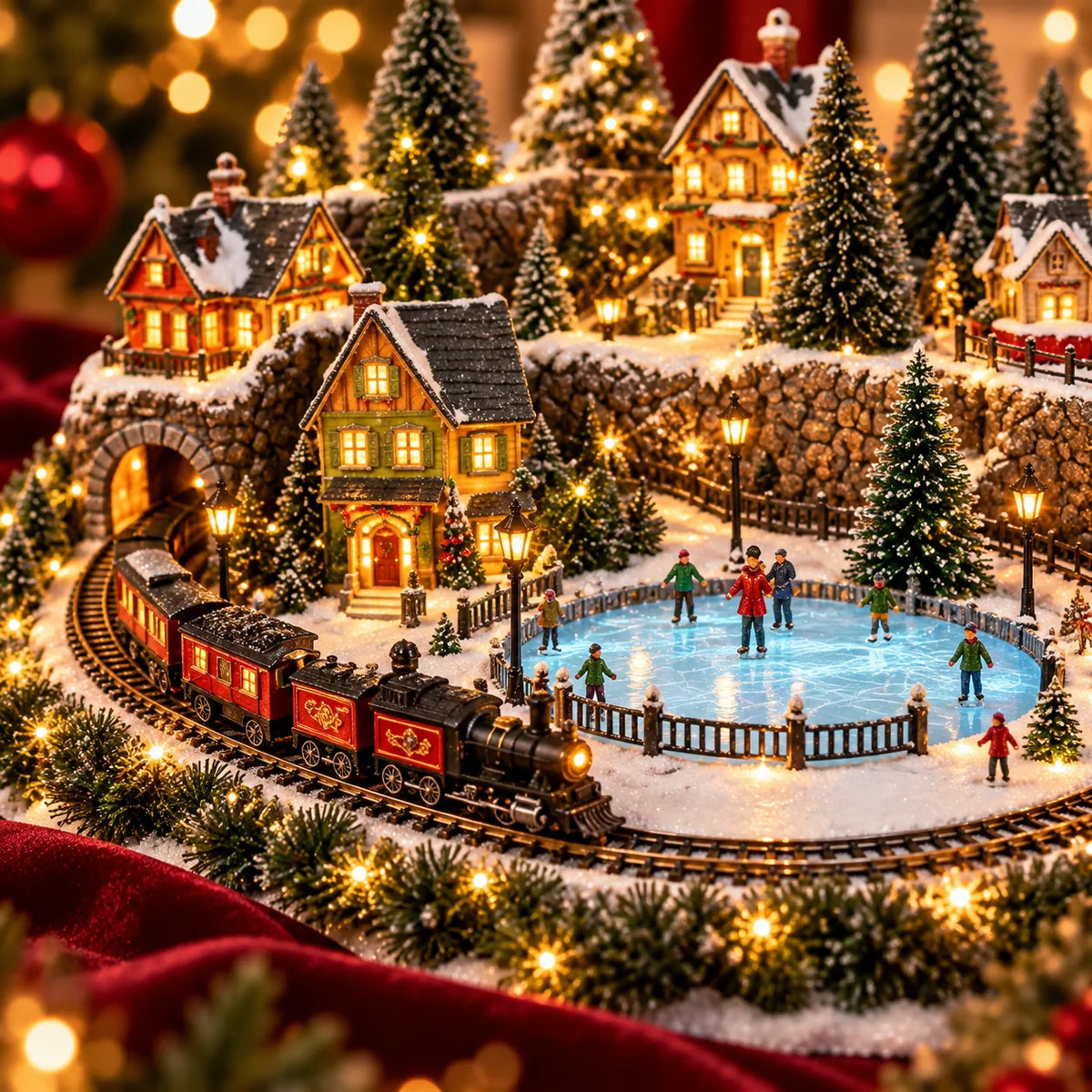 Christmas Village Decoration Moving Train Warm Lights