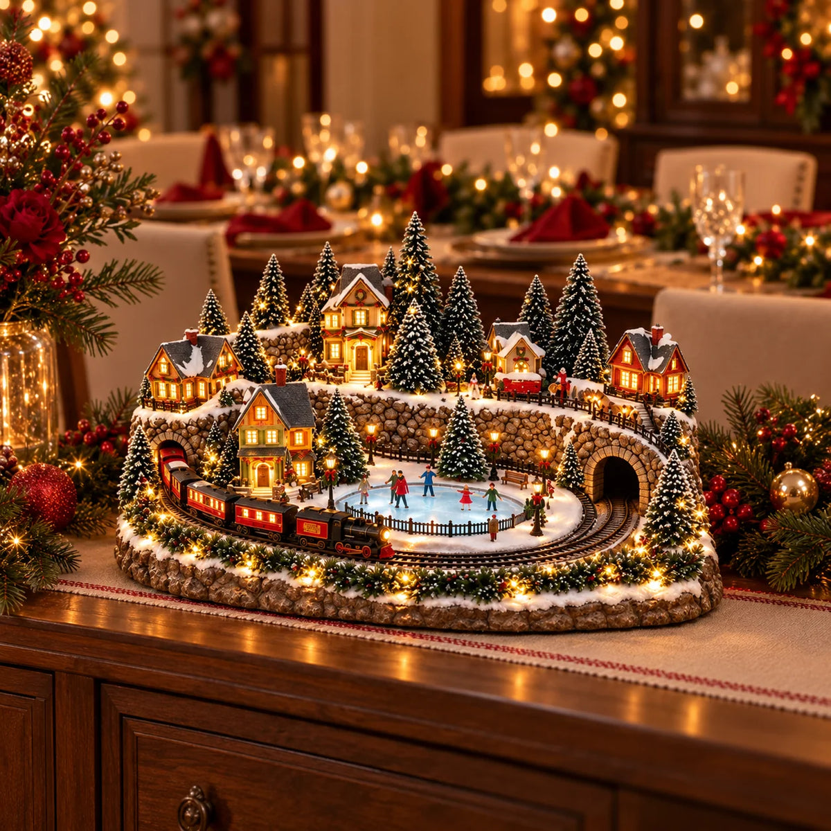 Christmas Village Decoration Moving Train Warm Lights