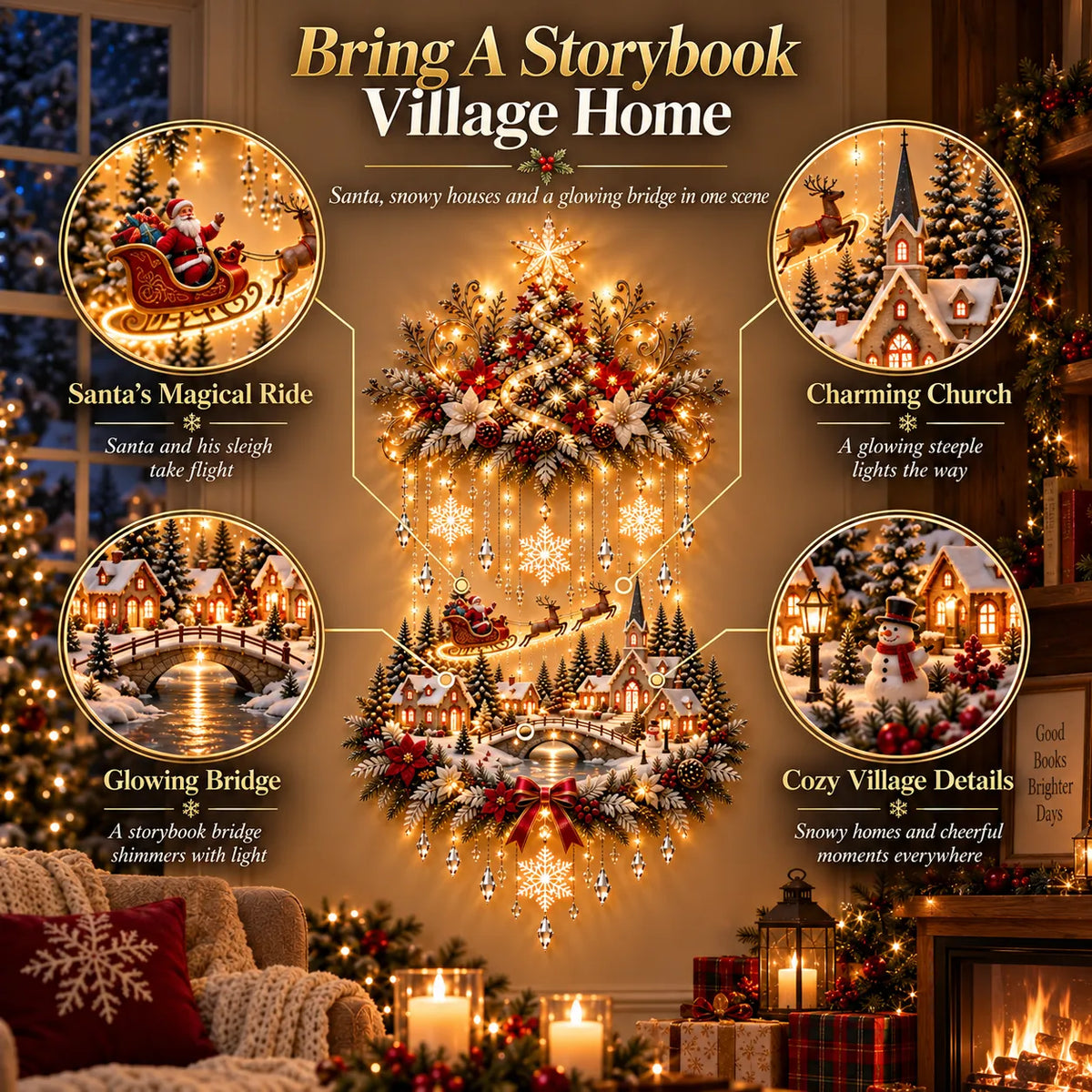 Christmas Wall Decor Tree & Village Warm Lights