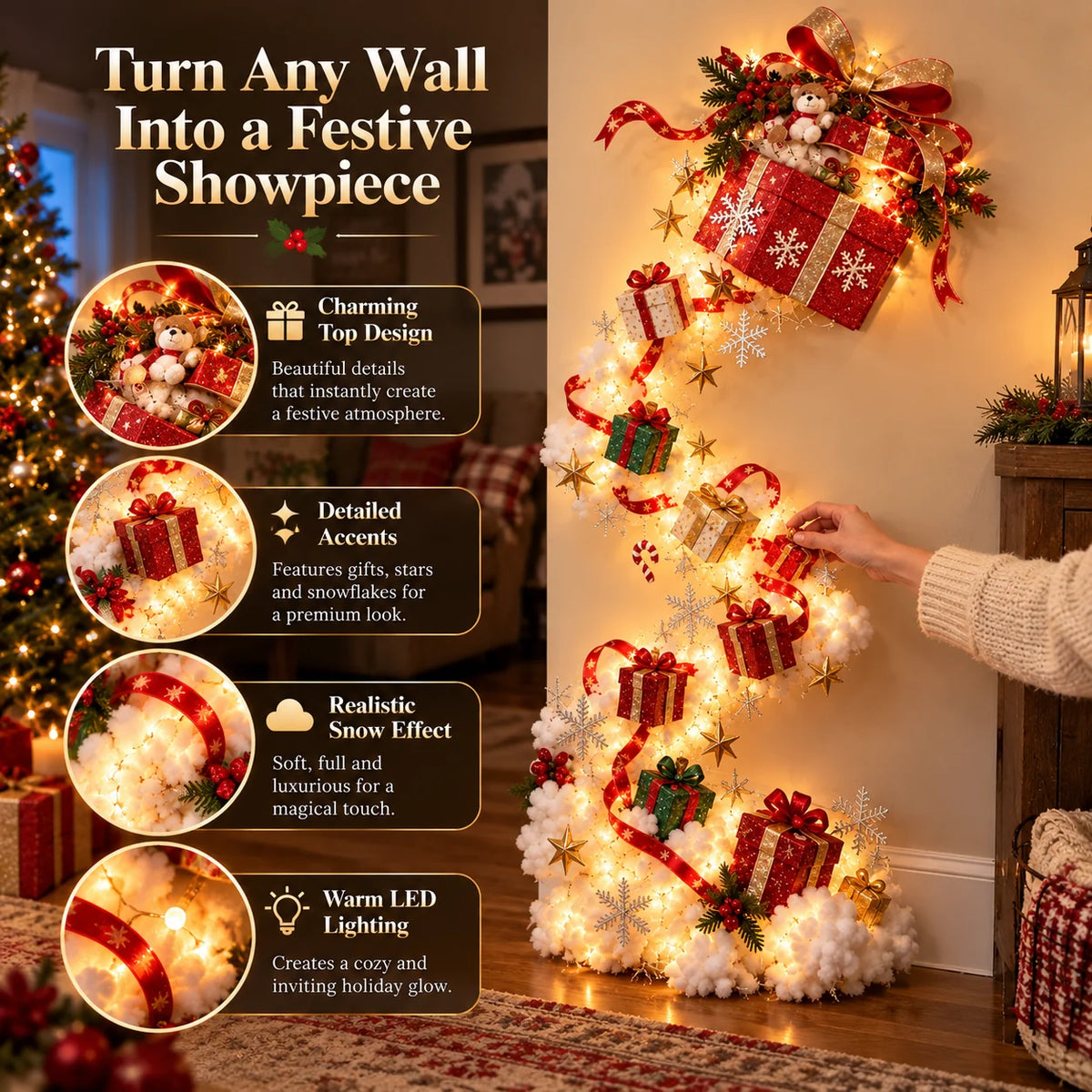 Christmas Wall Decoration Cascading Warm Golden Lights