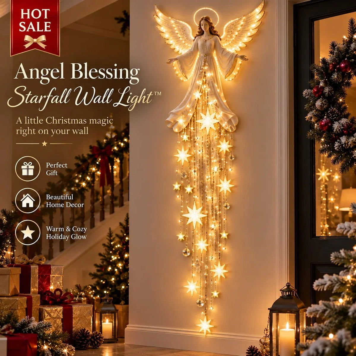 Christmas Wall Light Angel With Cascading Stars Warm White